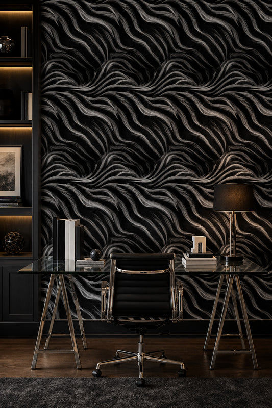 Siyah Beyaz Dalga Desenli Duvar Kağıdı Modern Salon
