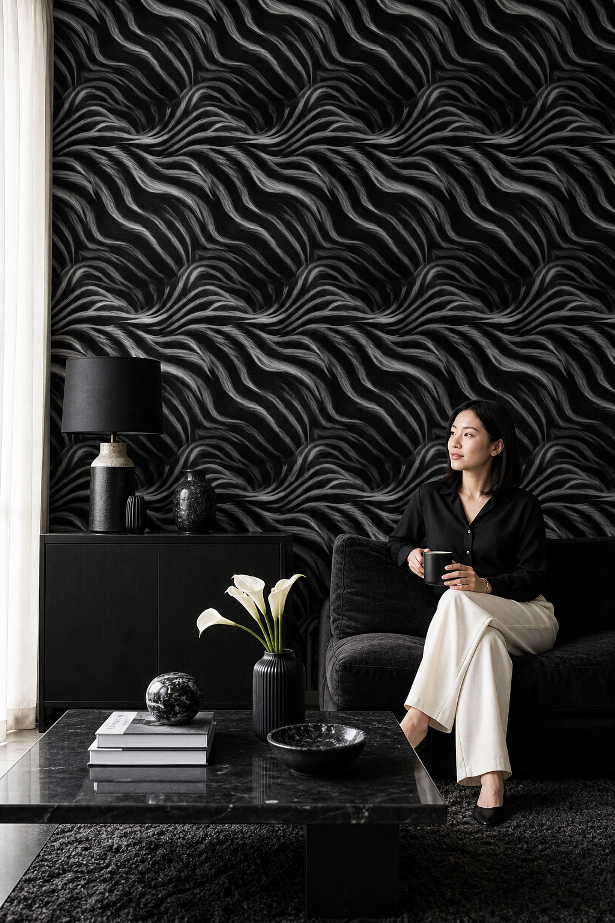 Siyah Beyaz Dalga Desenli Duvar Kağıdı Modern Salon