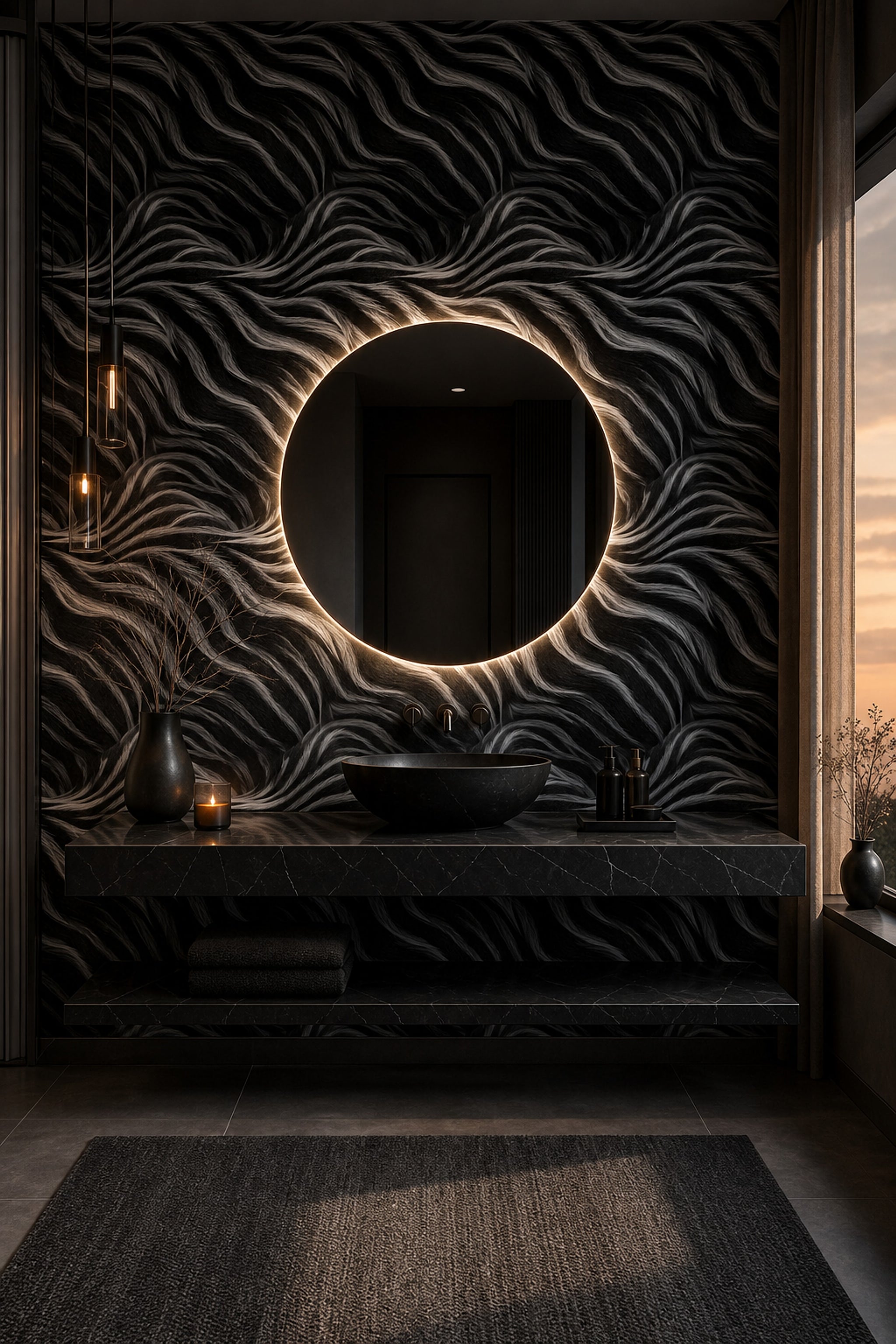 Siyah Beyaz Dalga Desenli Duvar Kağıdı Modern Salon