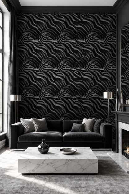 Siyah Beyaz Dalga Desenli Duvar Kağıdı Modern Salon