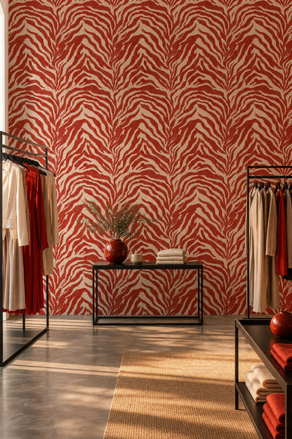 Zebra Desenli Duvar Kağıdı Kiremit Beyaz Salon Dekoru