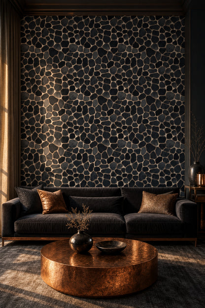 Siyah Çakıl Taş Görünümlü Duvar Kağıdı Modern Salon