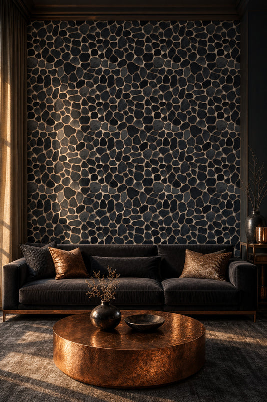 Siyah Çakıl Taş Görünümlü Duvar Kağıdı Modern Salon