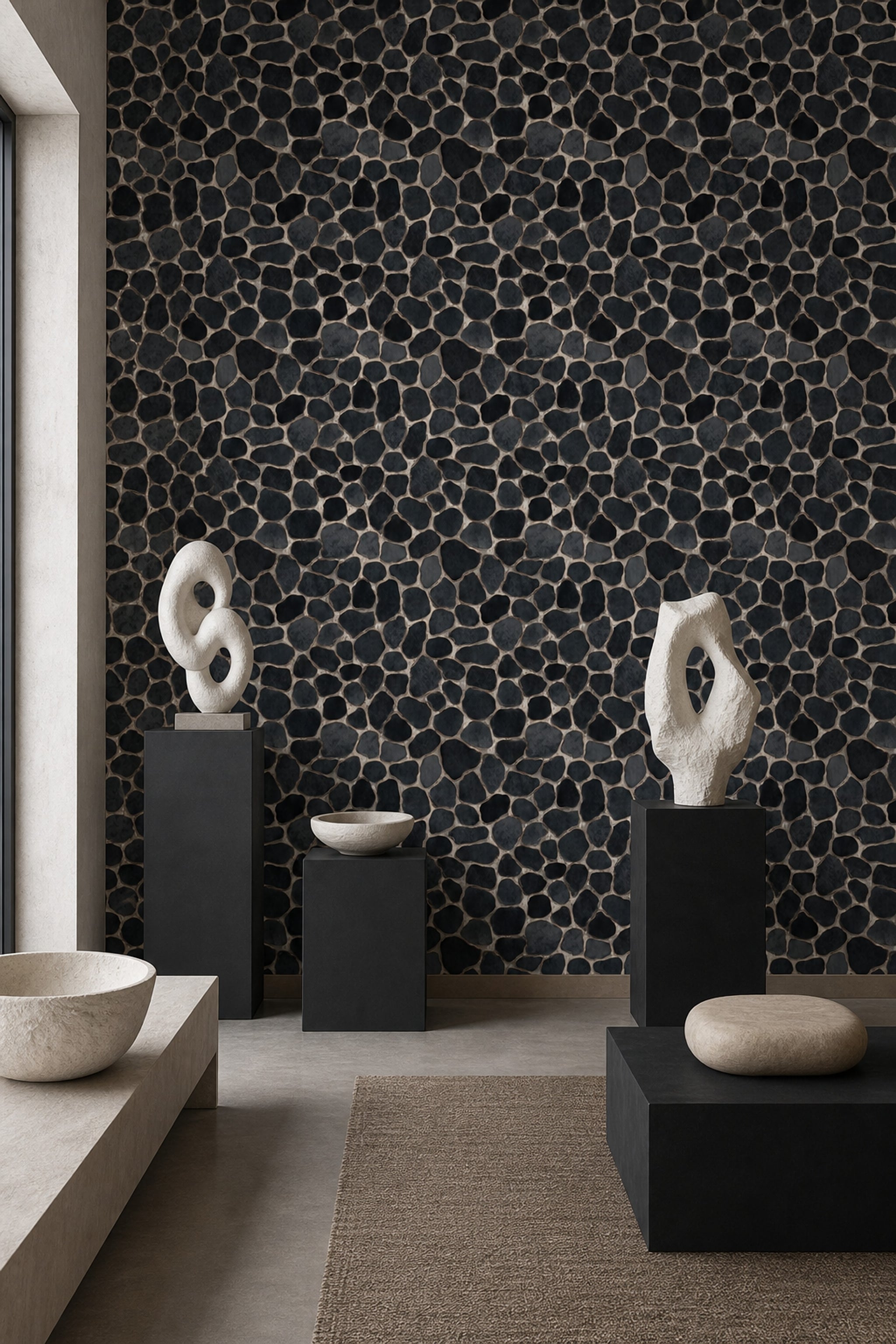 Siyah Çakıl Taş Görünümlü Duvar Kağıdı Modern Salon