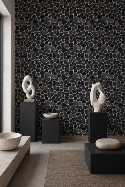 Siyah Çakıl Taş Görünümlü Duvar Kağıdı Modern Salon