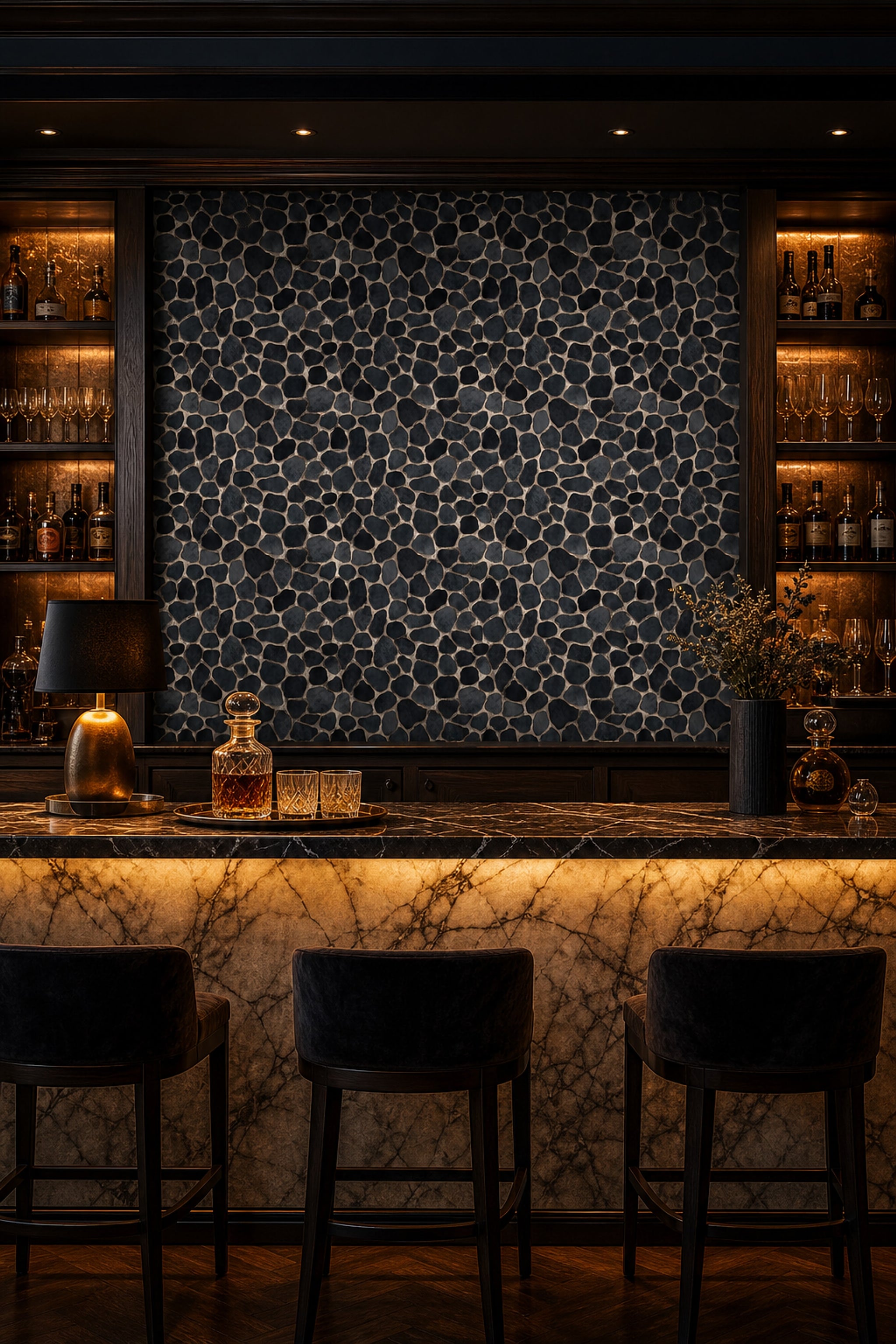 Siyah Çakıl Taş Görünümlü Duvar Kağıdı Modern Salon