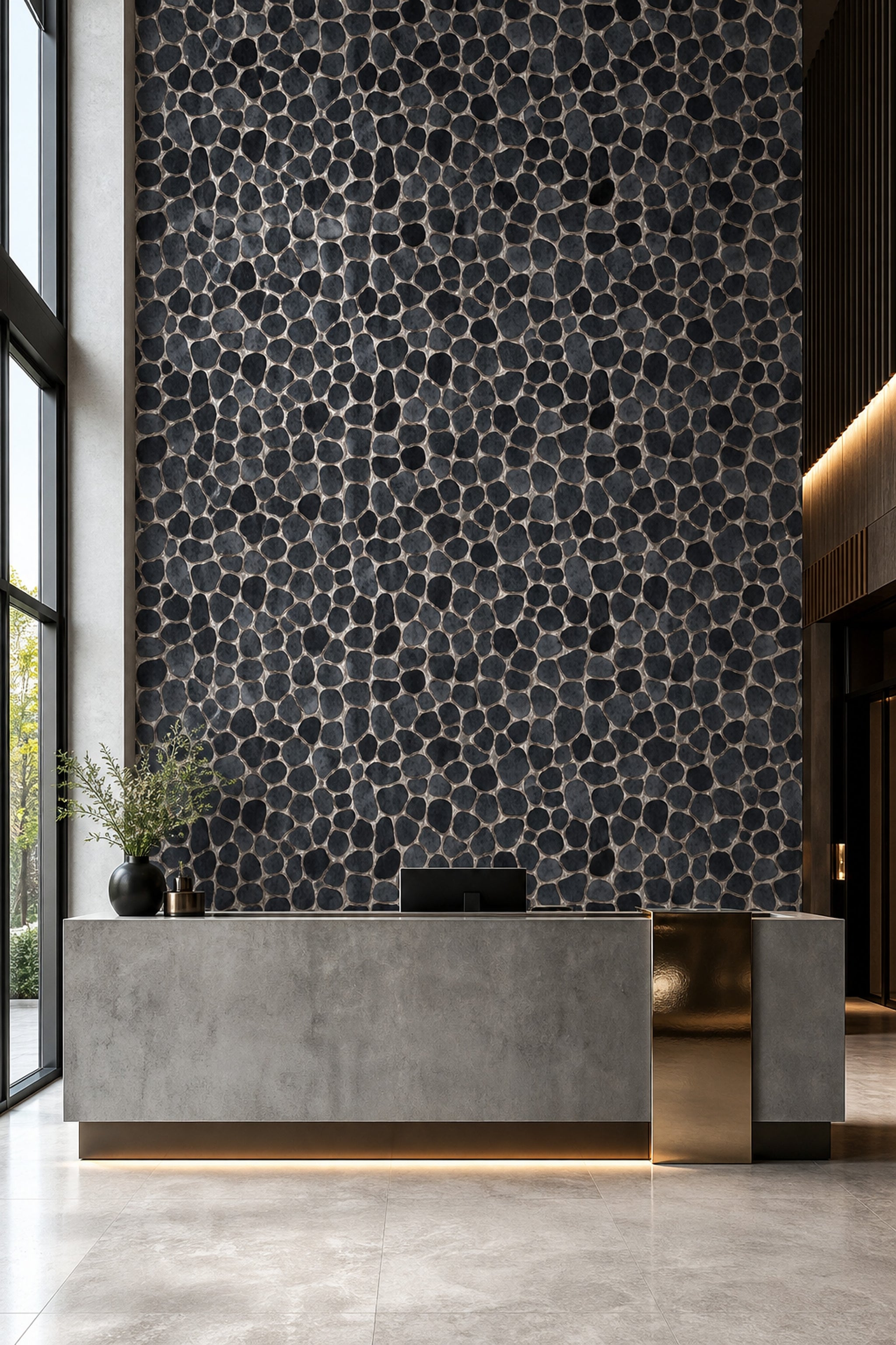 Siyah Çakıl Taş Görünümlü Duvar Kağıdı Modern Salon
