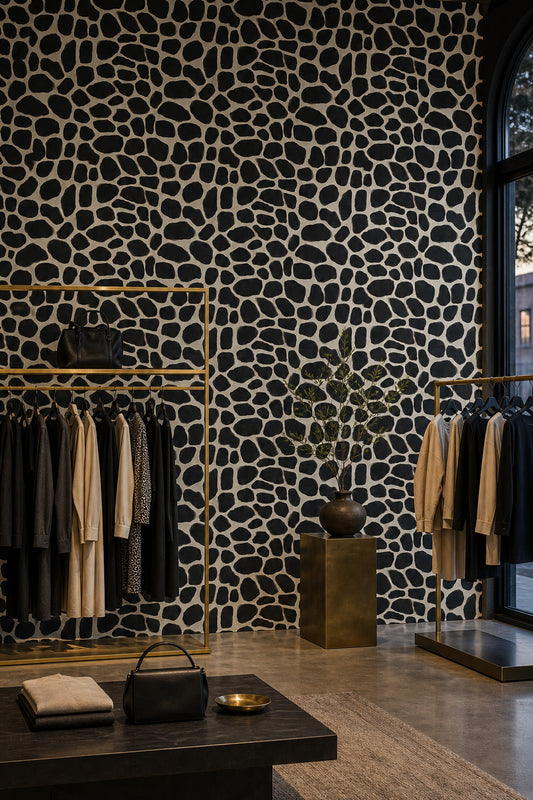 Siyah Beyaz Taş Desenli Duvar Kağıdı Modern Salon