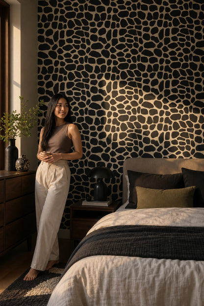 Siyah Beyaz Taş Desenli Duvar Kağıdı Modern Salon