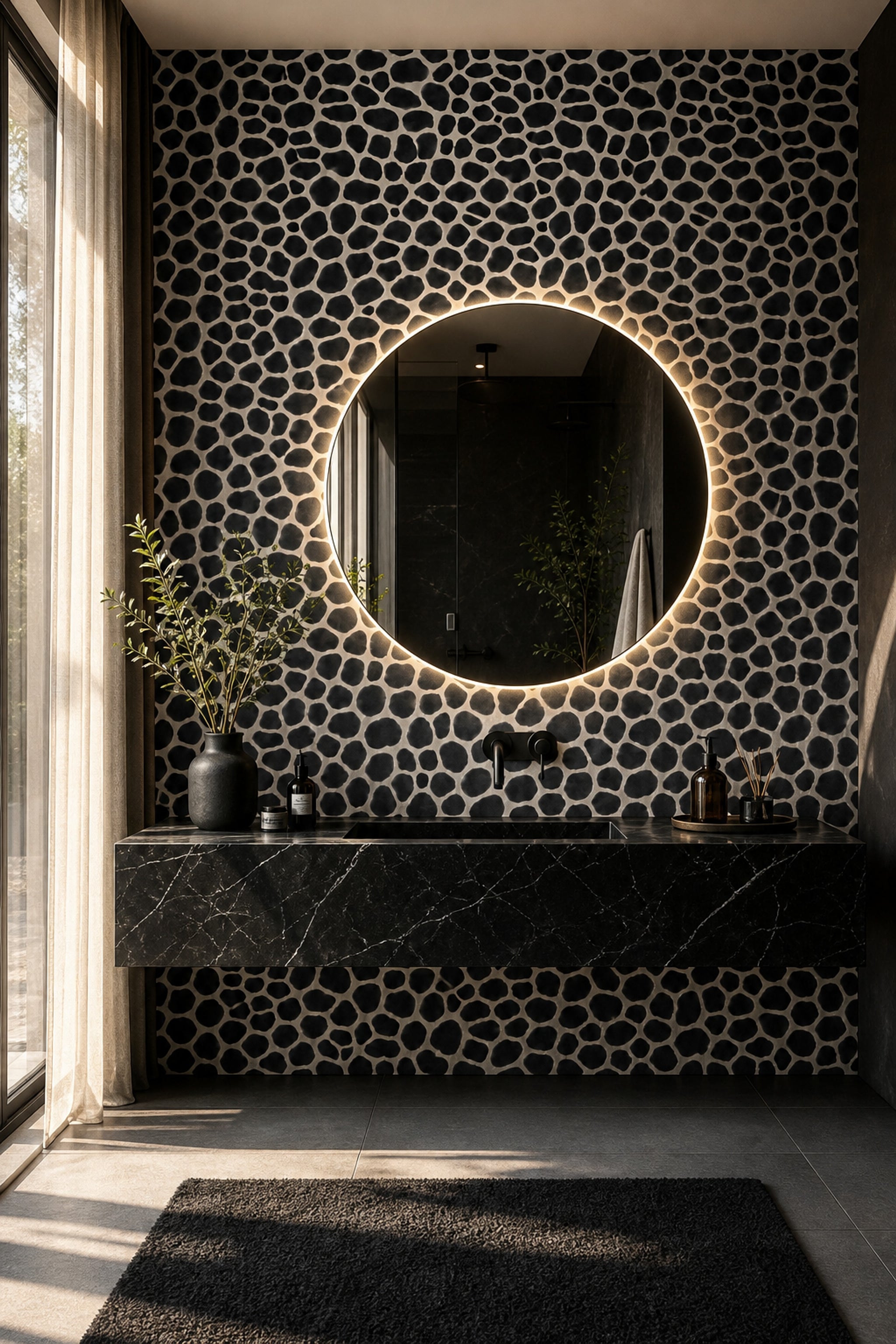 Siyah Beyaz Taş Desenli Duvar Kağıdı Modern Salon