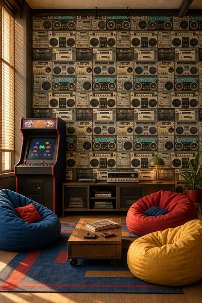 Retro Kasetçalar ve Teyp Desenli Duvar Kağıdı Gri