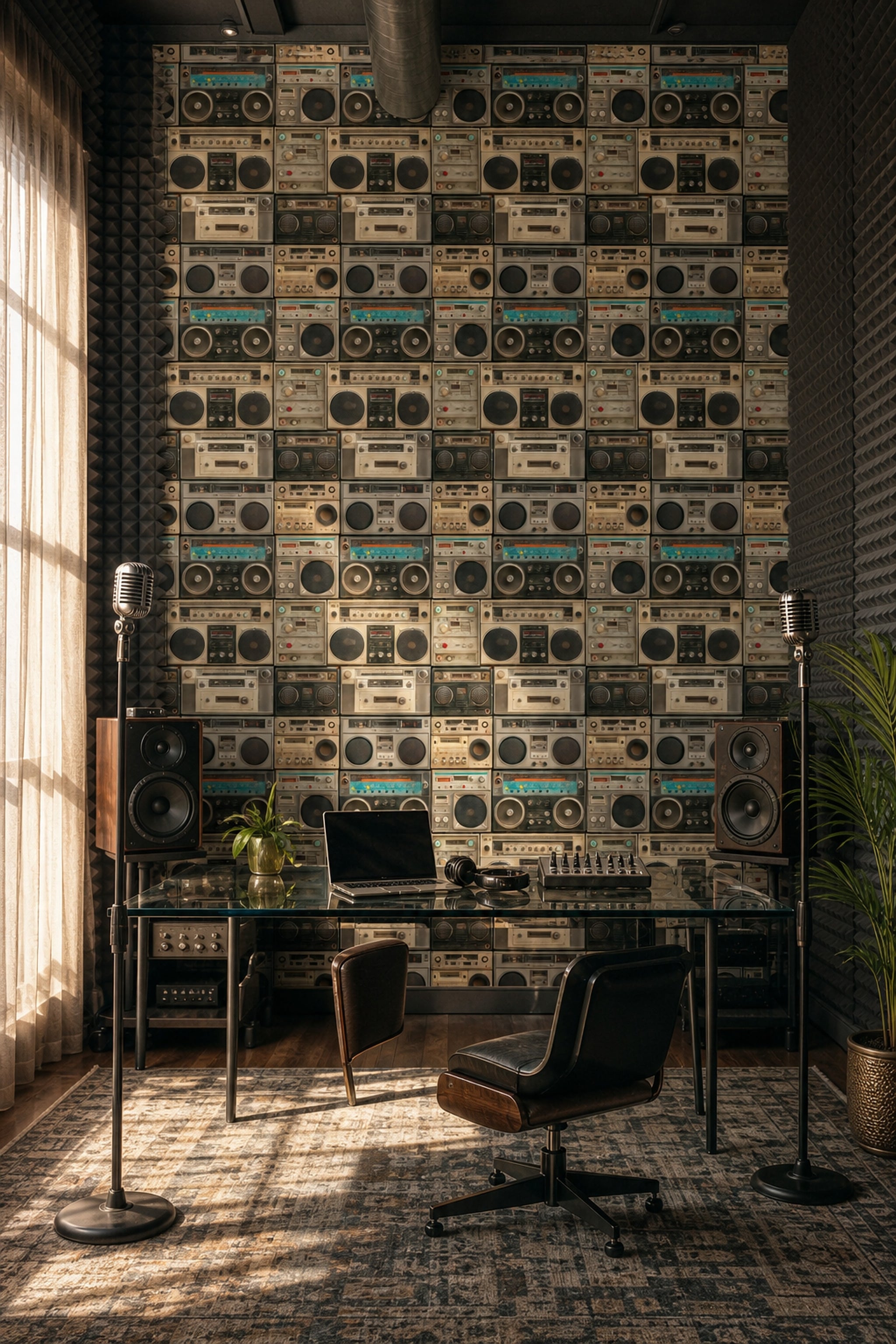 Retro Kasetçalar ve Teyp Desenli Duvar Kağıdı Gri
