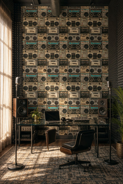 Retro Kasetçalar ve Teyp Desenli Duvar Kağıdı Gri