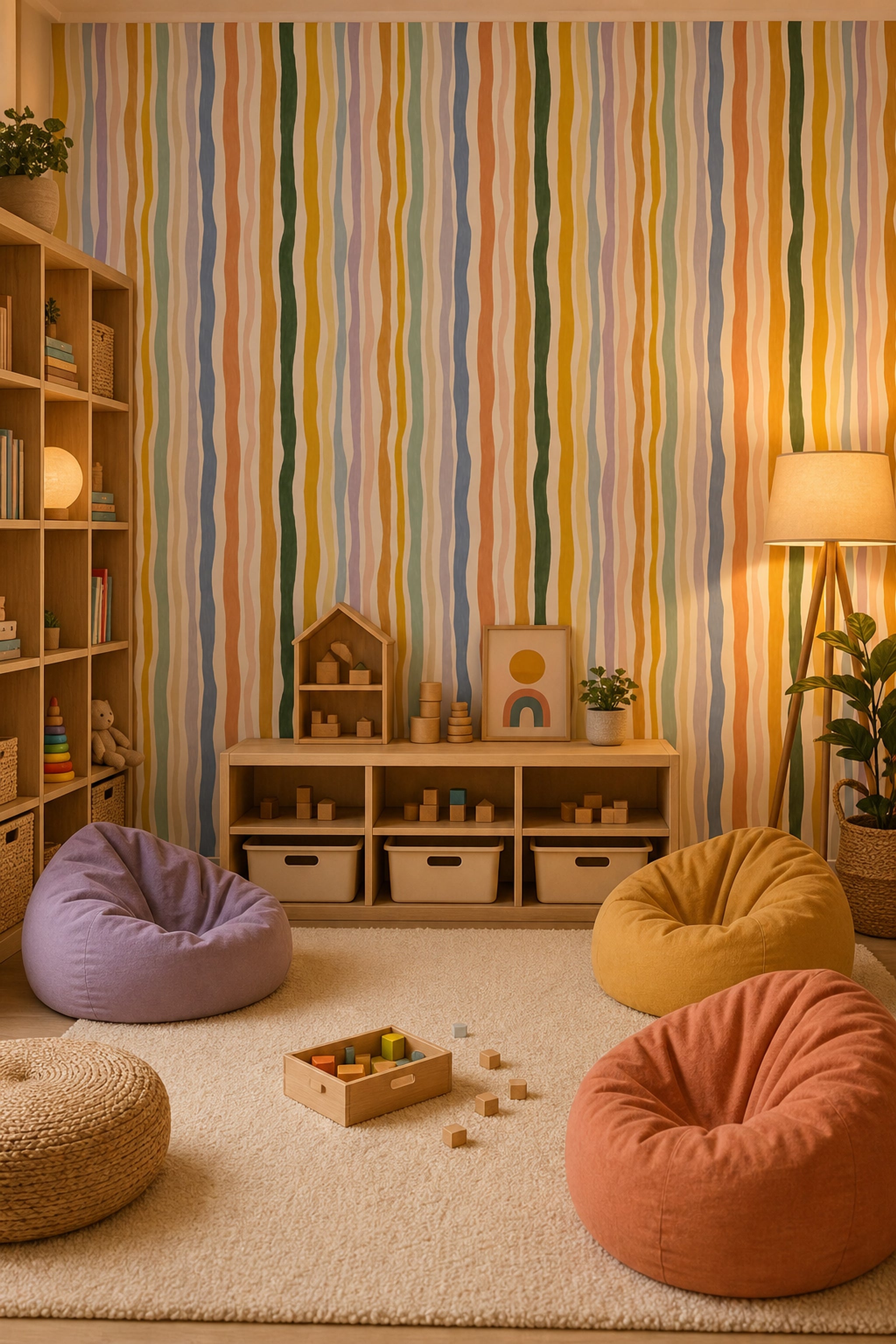 Renkli Dikey Çizgili Duvar Kağıdı Modern Salon Duvar Dekoru