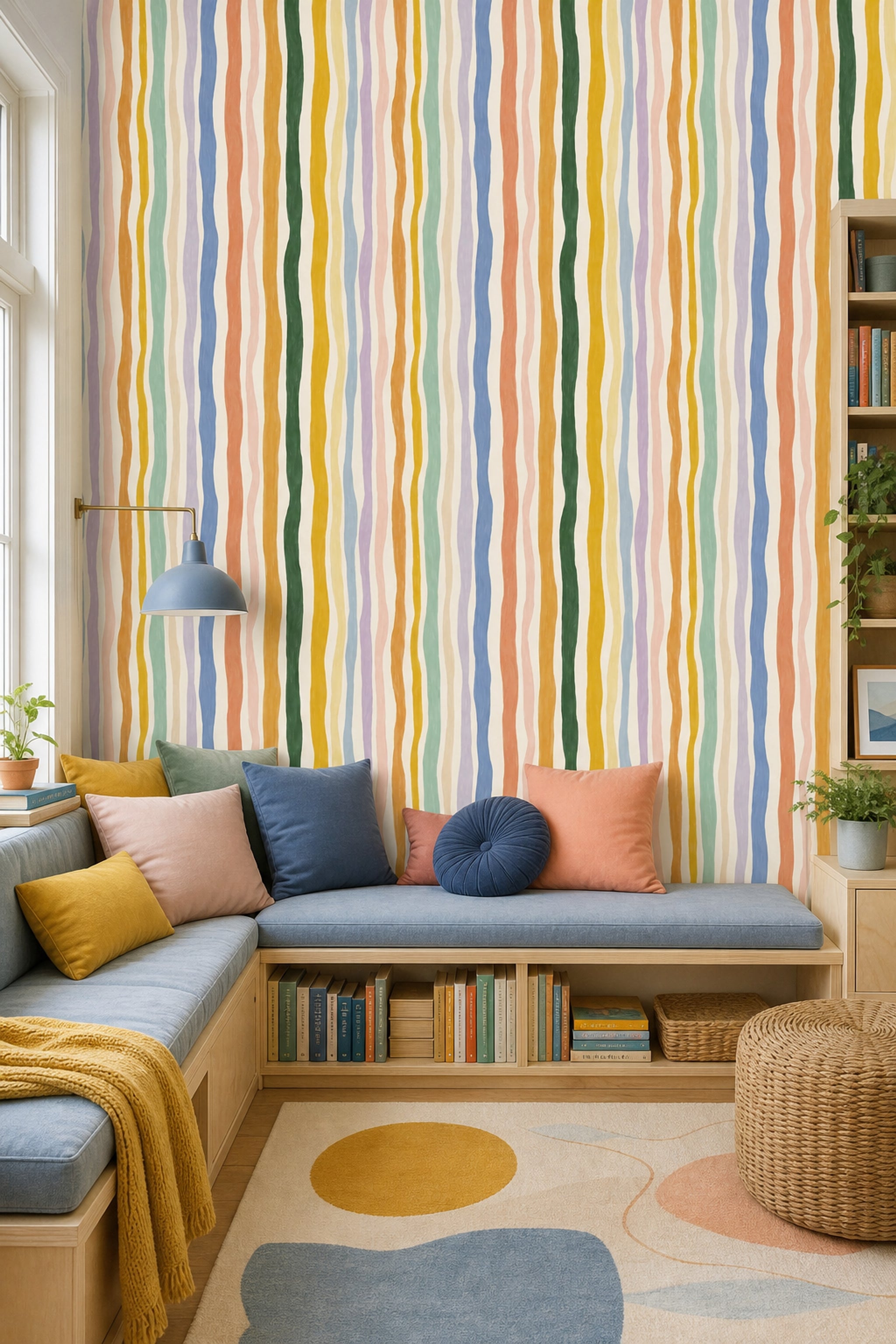 Renkli Dikey Çizgili Duvar Kağıdı Modern Salon Duvar Dekoru