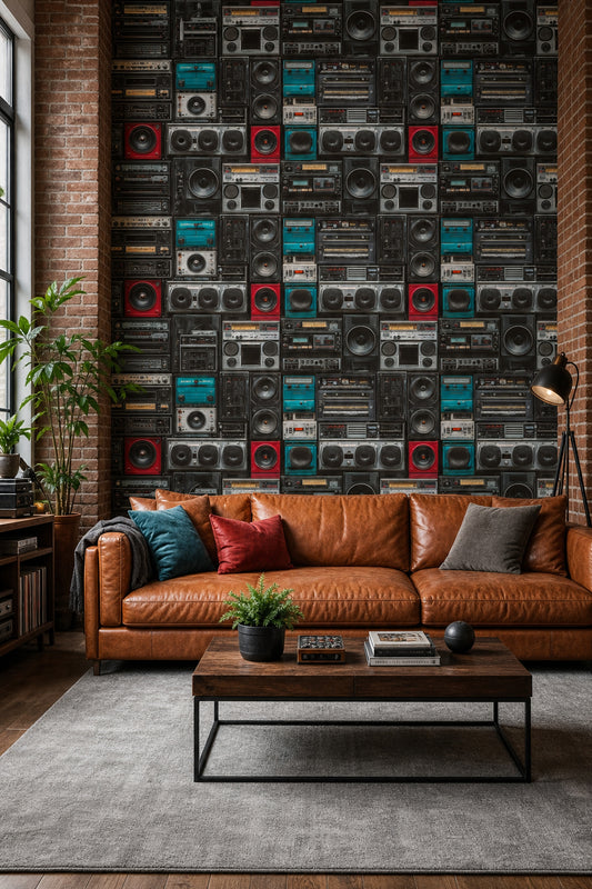 Retro Kasetçalar ve Hoparlör Duvar Kağıdı Siyah Salon