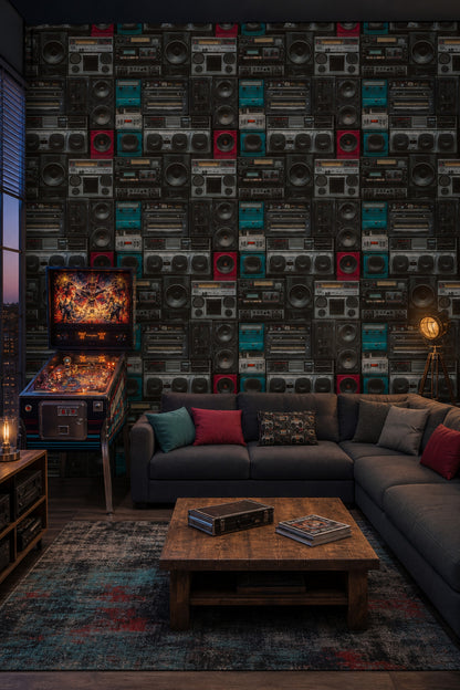 Retro Kasetçalar ve Hoparlör Duvar Kağıdı Siyah Salon