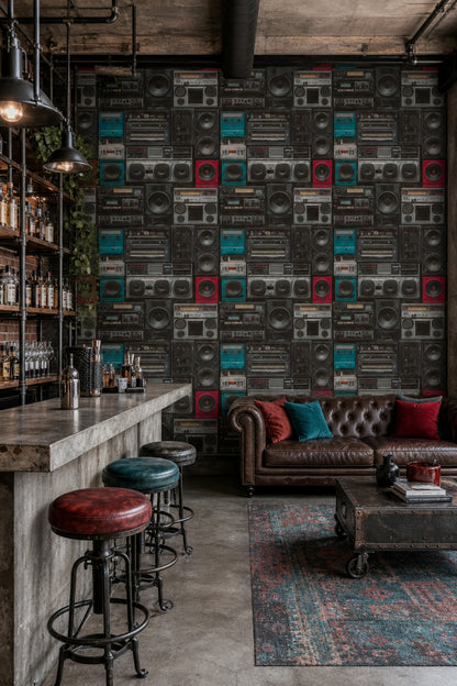 Retro Kasetçalar ve Hoparlör Duvar Kağıdı Siyah Salon