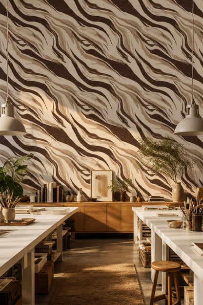 Zebra Desenli Duvar Kağıdı Kahverengi Bej Salon Dekoru