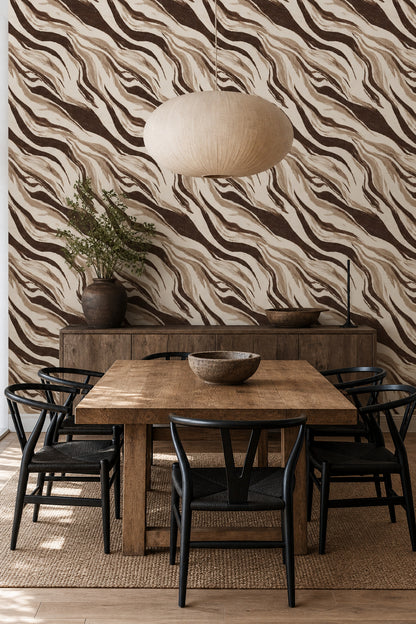 Zebra Desenli Duvar Kağıdı Kahverengi Bej Salon Dekoru