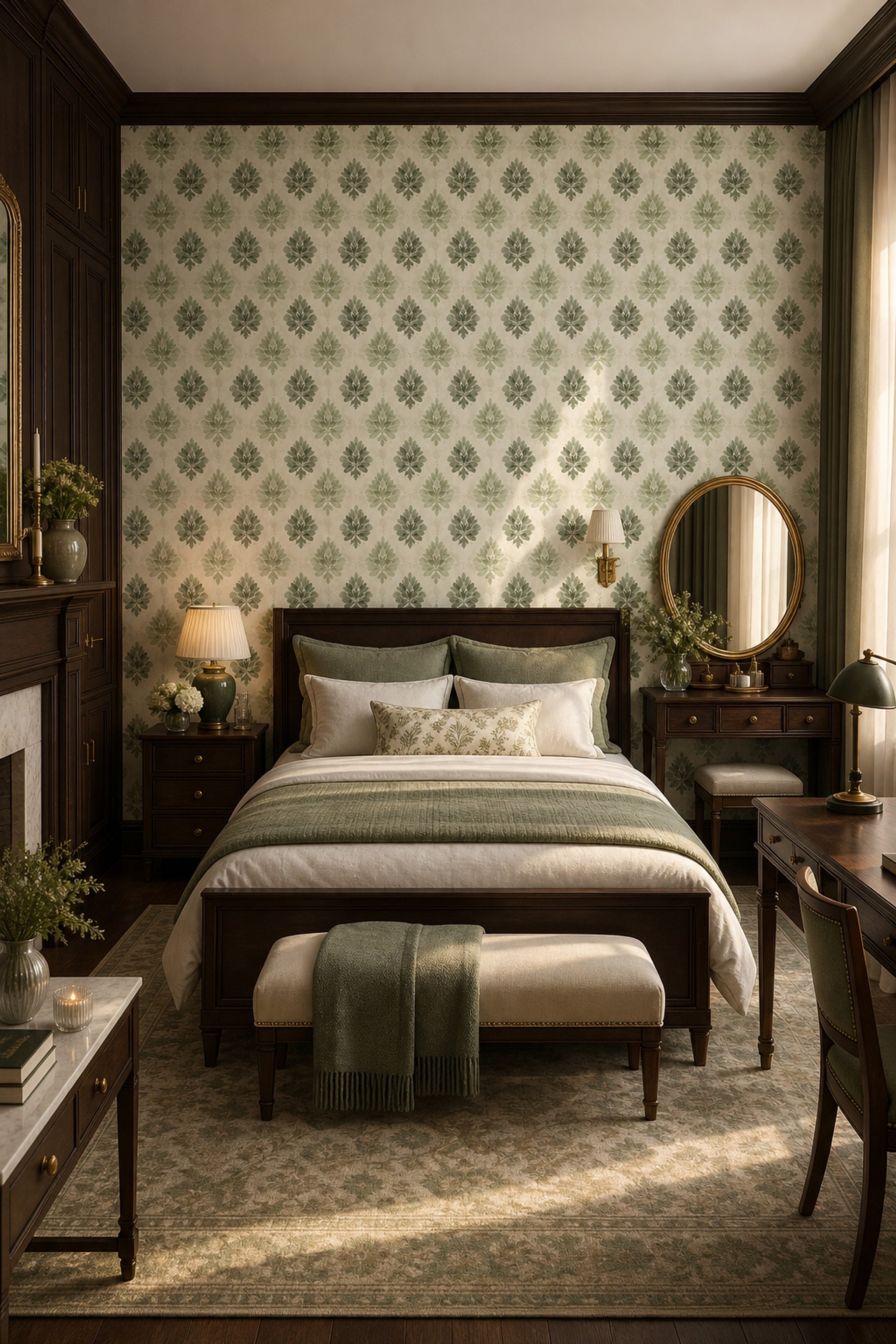 Yeşil Damask Desenli Duvar Kağıdı Klasik Yatak Odası
