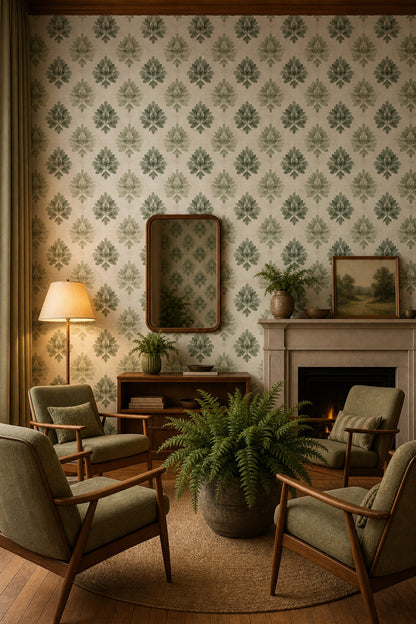 Yeşil Damask Desenli Duvar Kağıdı Klasik Yatak Odası