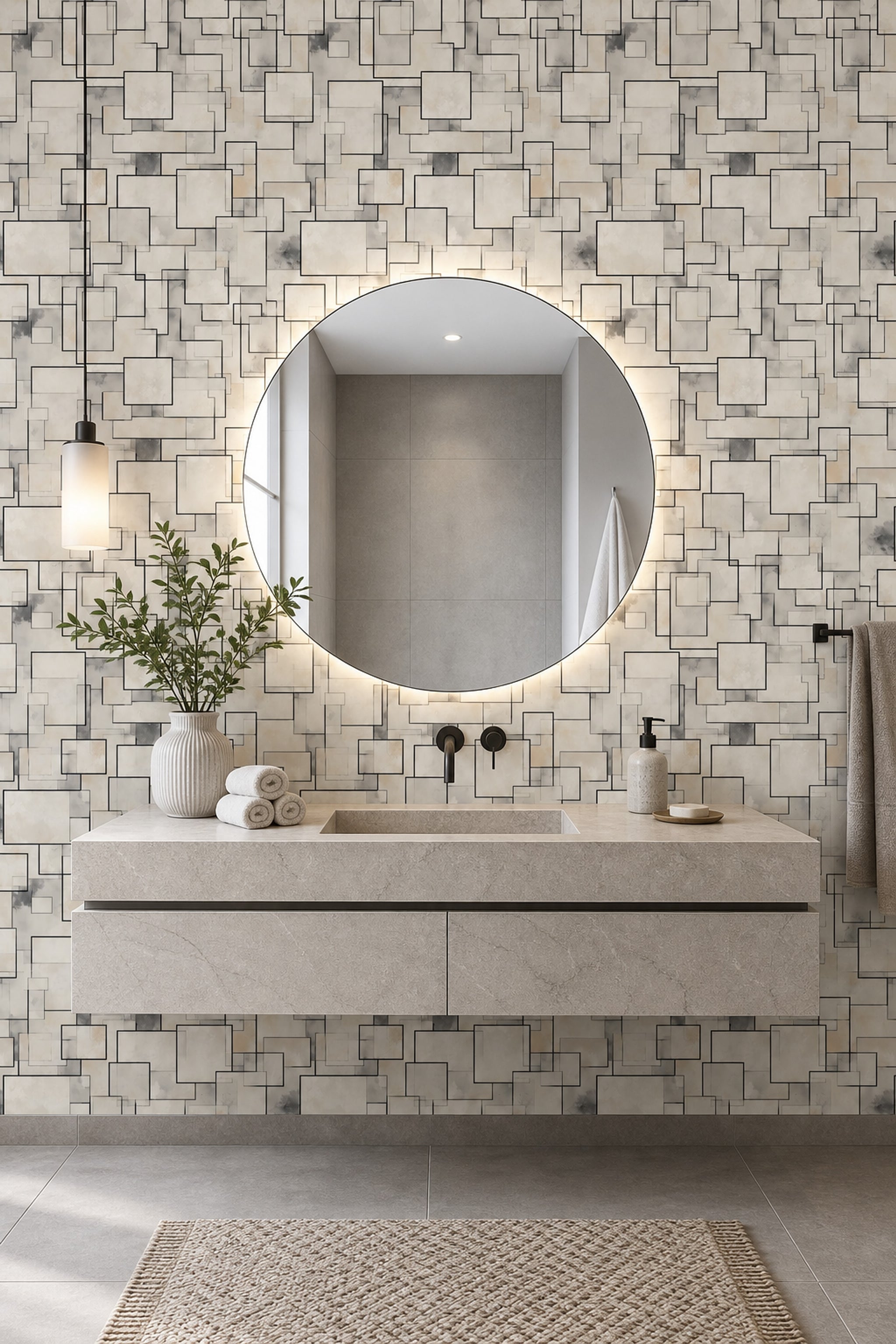 Geometrik Kare Çizgili Duvar Kağıdı Bej Gri Modern Salon