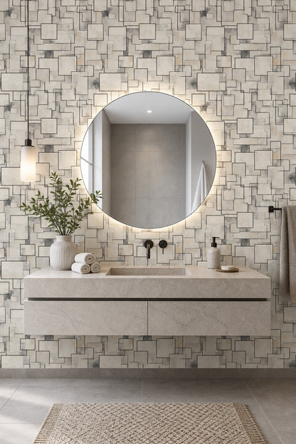 Geometrik Kare Çizgili Duvar Kağıdı Bej Gri Modern Salon