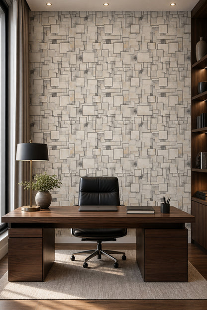 Geometrik Kare Çizgili Duvar Kağıdı Bej Gri Modern Salon