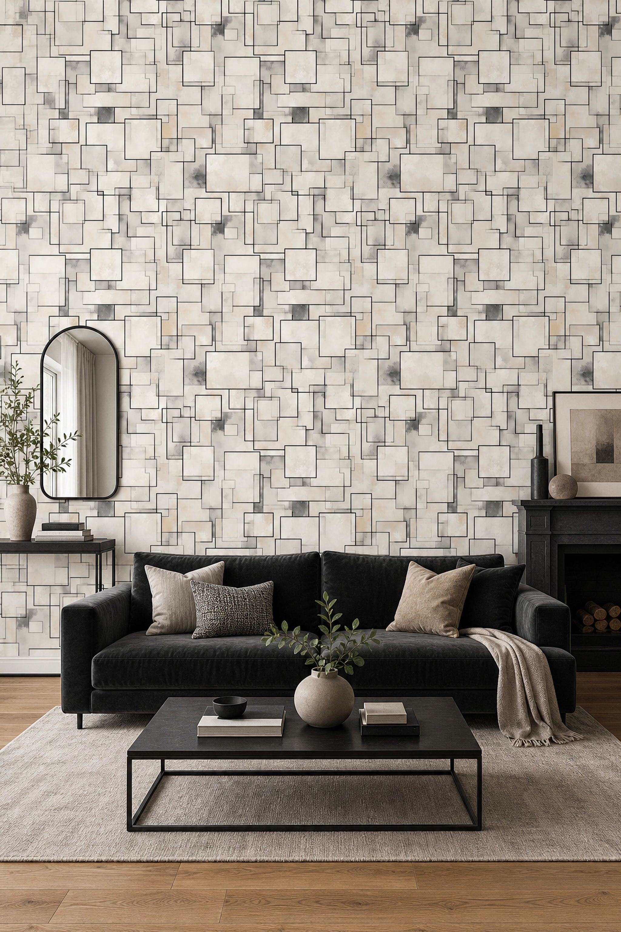 Geometrik Kare Çizgili Duvar Kağıdı Bej Gri Modern Salon