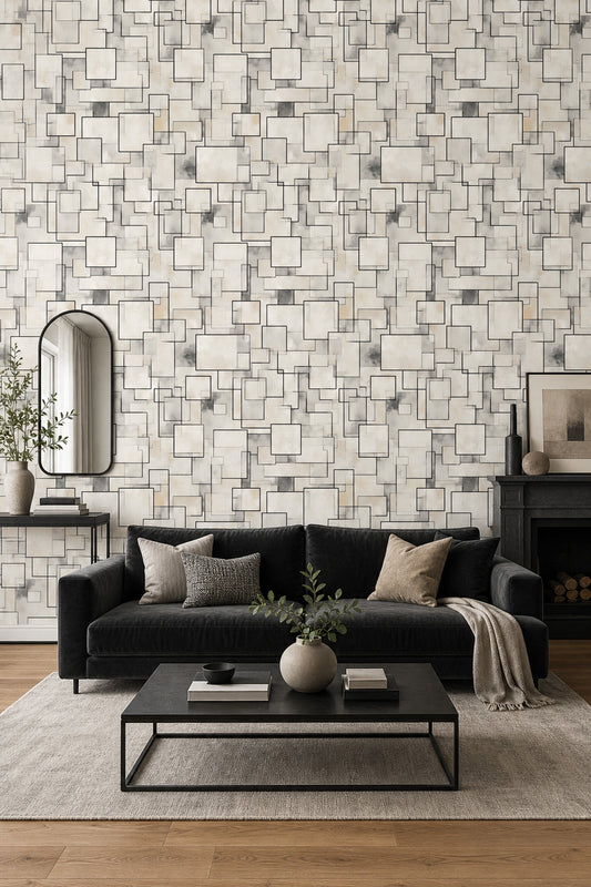 Geometrik Kare Çizgili Duvar Kağıdı Bej Gri Modern Salon