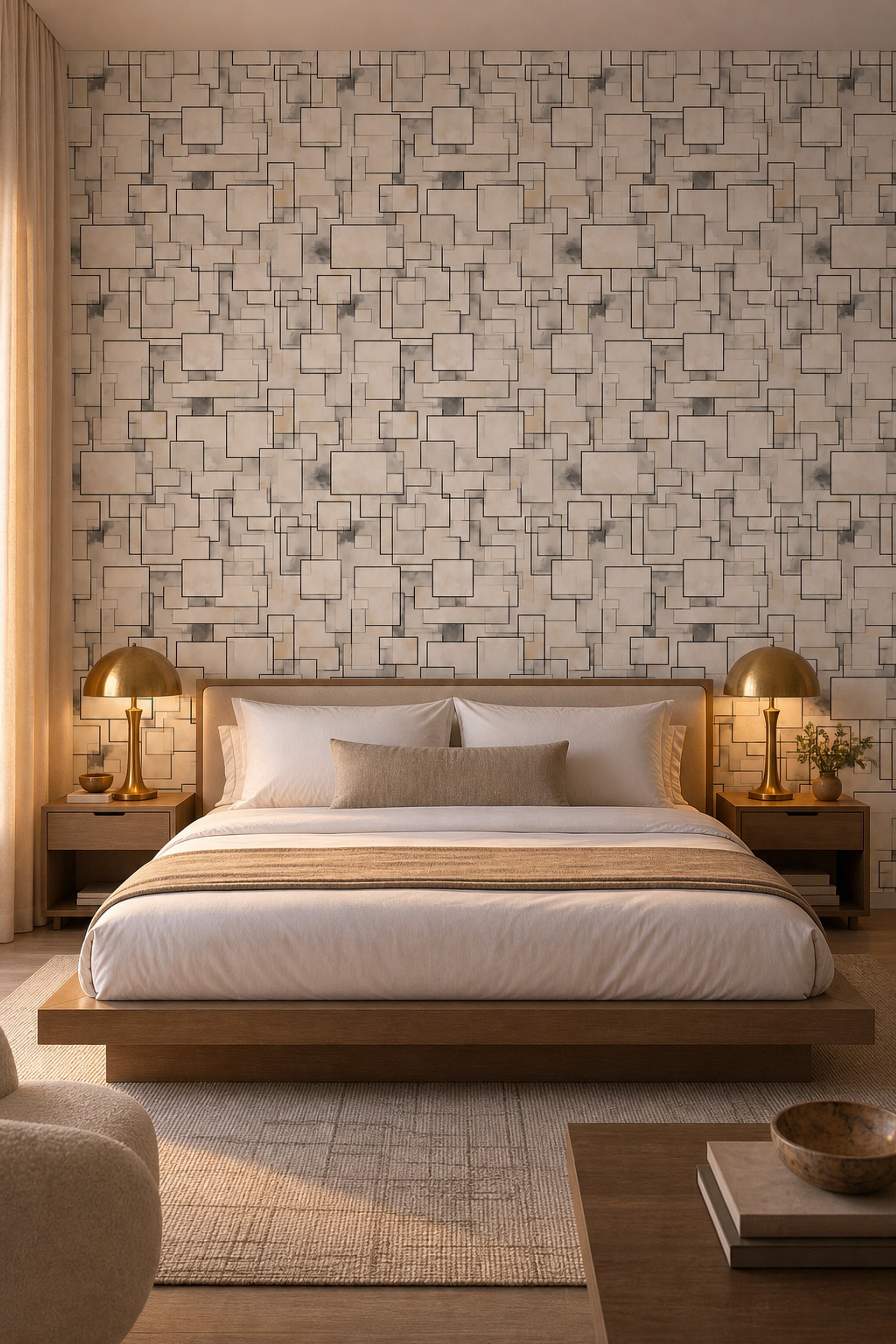 Geometrik Kare Çizgili Duvar Kağıdı Bej Gri Modern Salon