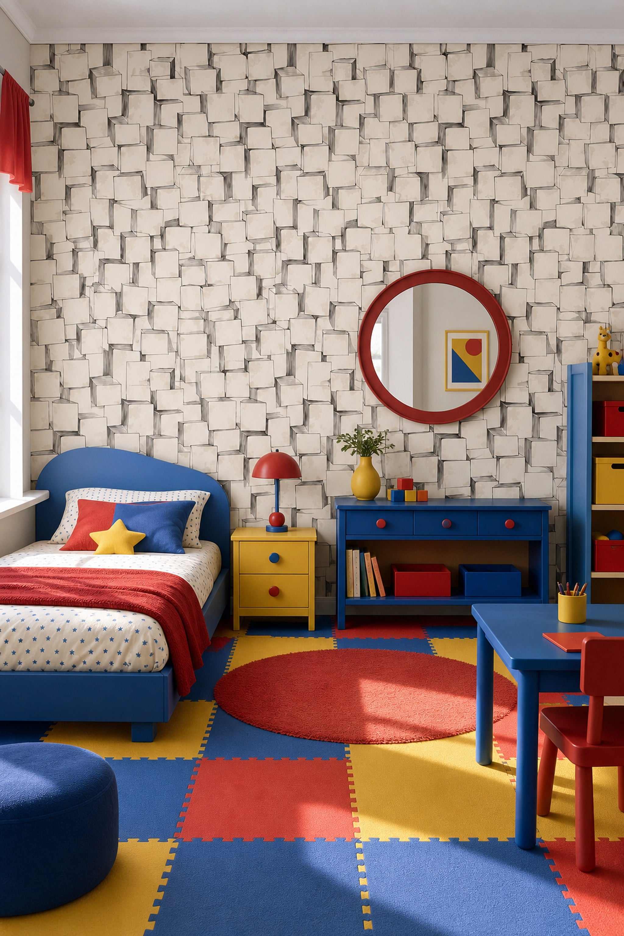 Geometrik Küp Desenli Duvar Kağıdı Bej Modern Salon