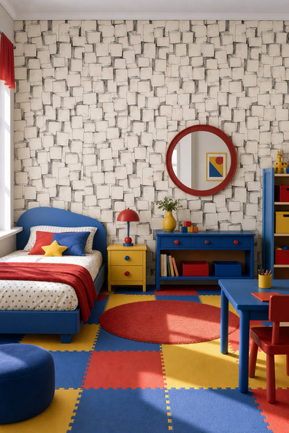 Geometrik Küp Desenli Duvar Kağıdı Bej Modern Salon