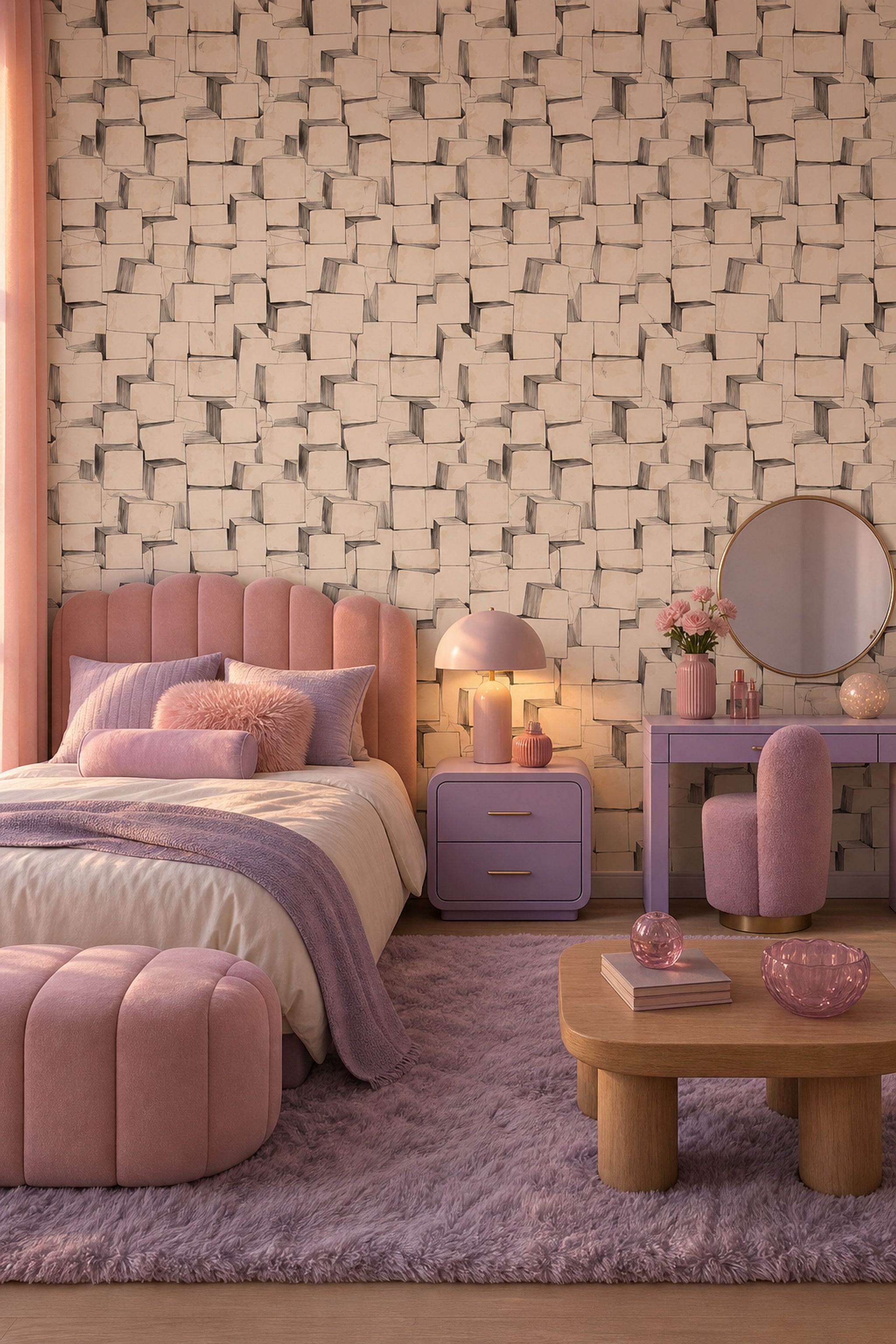 Geometrik Küp Desenli Duvar Kağıdı Bej Modern Salon