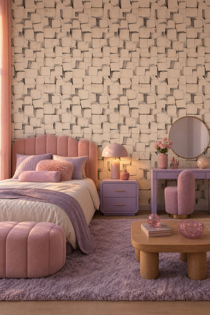 Geometrik Küp Desenli Duvar Kağıdı Bej Modern Salon