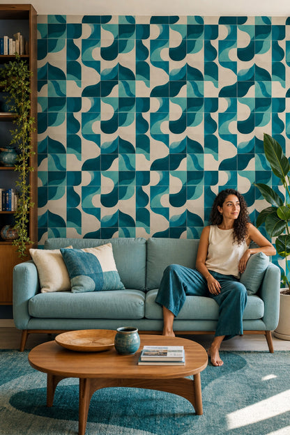 Geometrik Kavisli Desenli Duvar Kağıdı Turkuaz Salon Dekoru