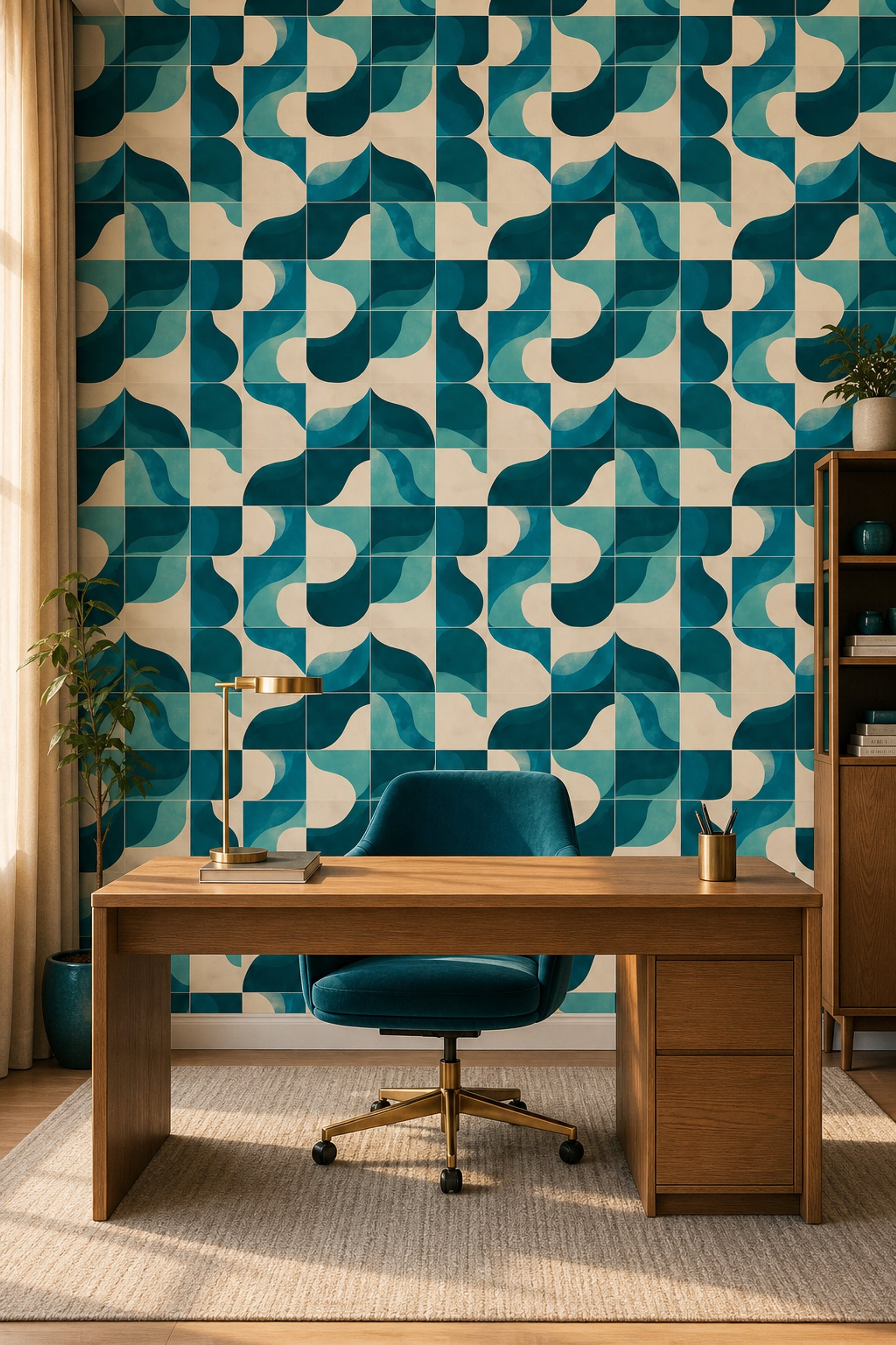 Geometrik Kavisli Desenli Duvar Kağıdı Turkuaz Salon Dekoru