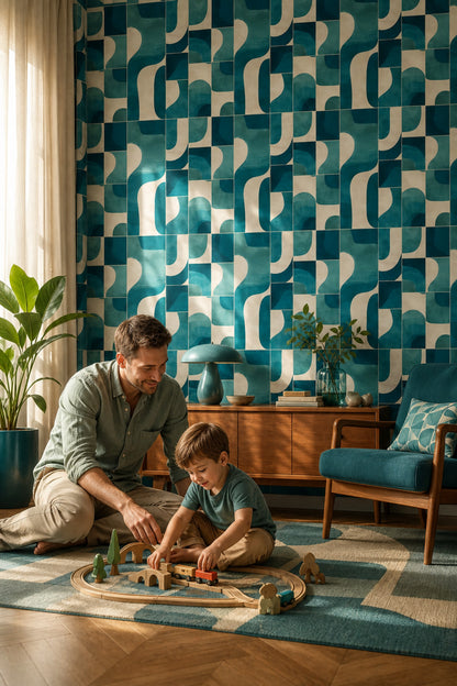 Geometrik Kavisli Duvar Kağıdı Turkuaz Krem Modern Salon