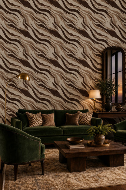 Zebra Desenli Duvar Kağıdı Kahverengi Bej Salon Dekoru