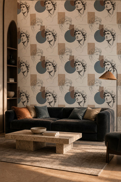 Antik Heykel Çizimli Duvar Kağıdı Bej Retro Salon