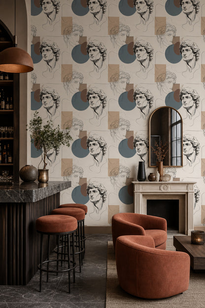 Antik Heykel Çizimli Duvar Kağıdı Bej Retro Salon