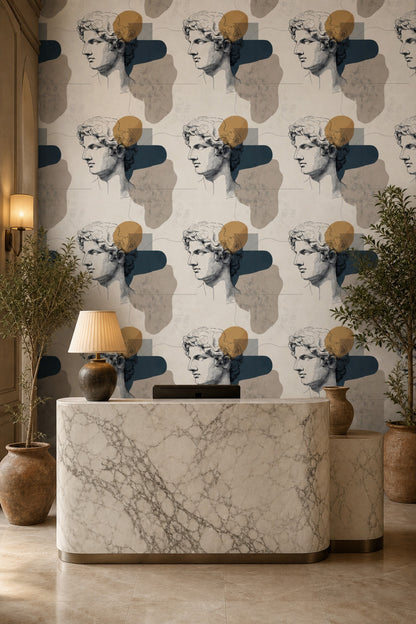 Antik Heykel Desenli Duvar Kağıdı Bej Lacivert Salon