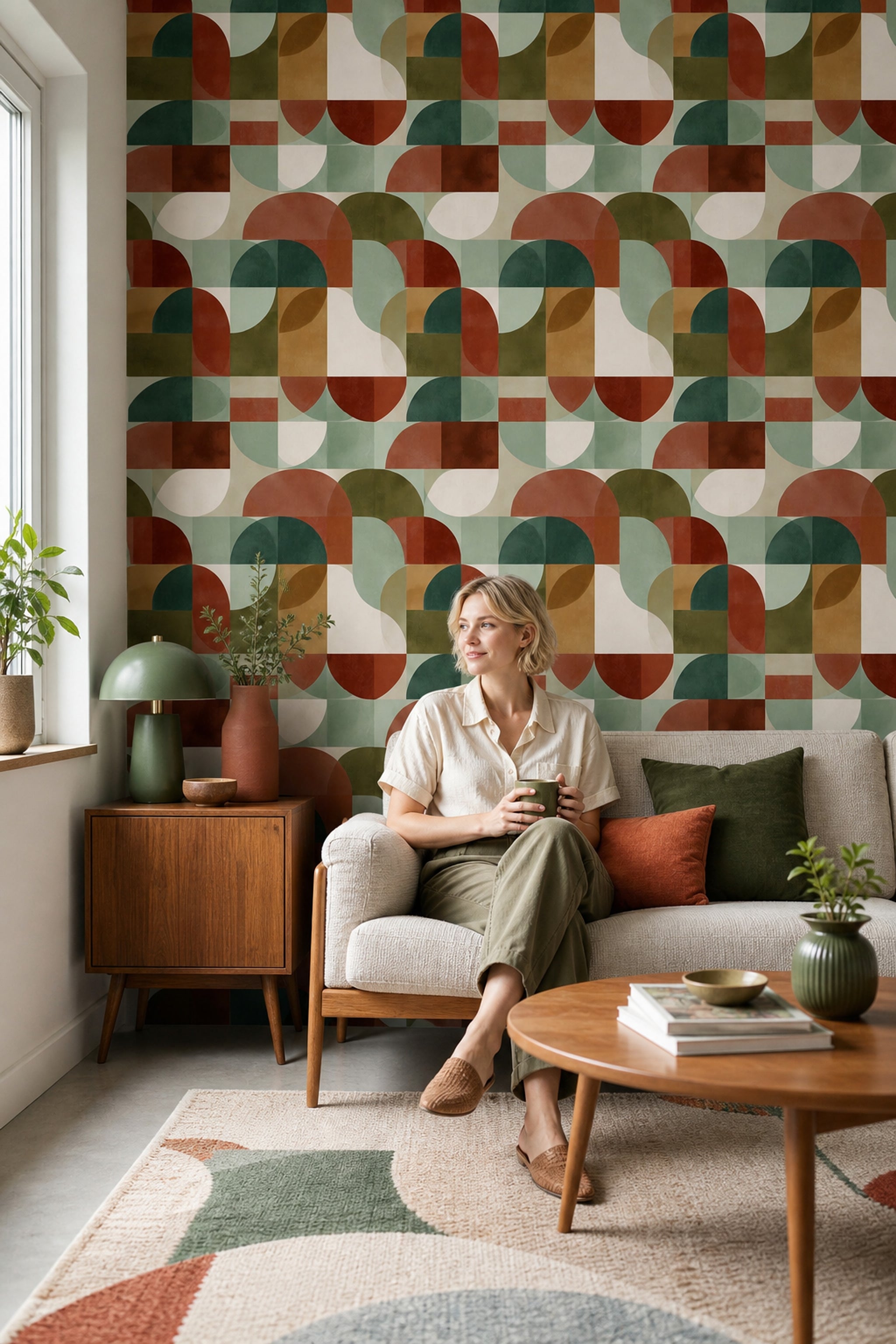 Retro Geometrik Duvar Kağıdı Yeşil Kiremit Renkli Desenli Salon