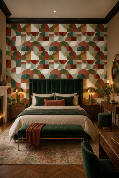 Retro Geometrik Duvar Kağıdı Yeşil Kiremit Renkli Desenli Salon