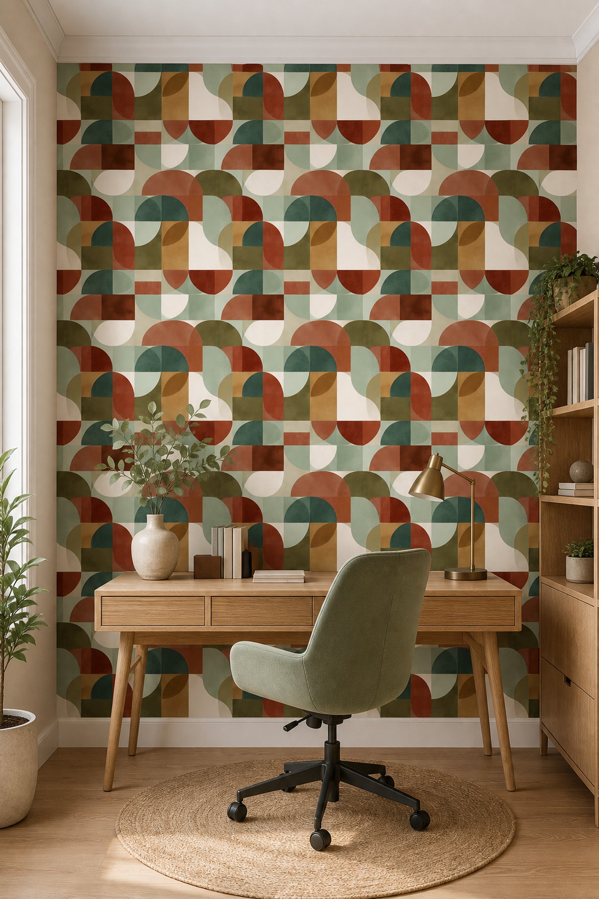 Retro Geometrik Duvar Kağıdı Yeşil Kiremit Renkli Desenli Salon