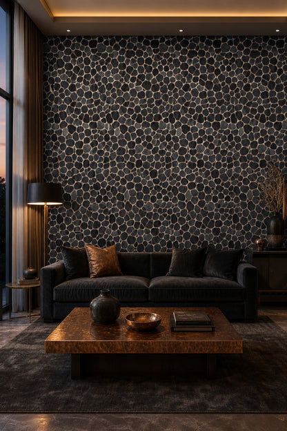 Siyah Çakıl Taş Görünümlü Duvar Kağıdı Modern Salon