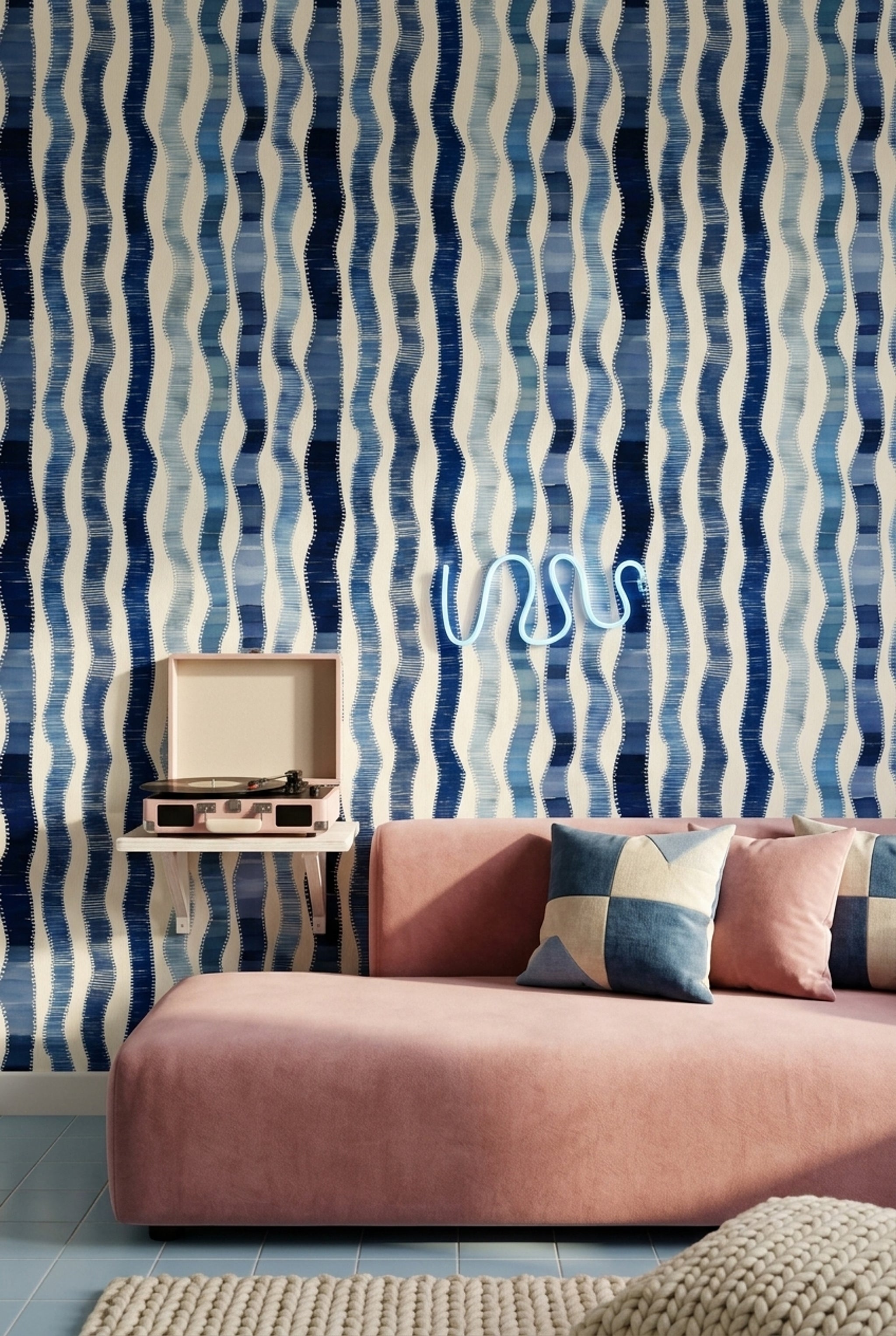 Mavi Dalgalı Çizgili Duvar Kağıdı Modern Salon Deseni
