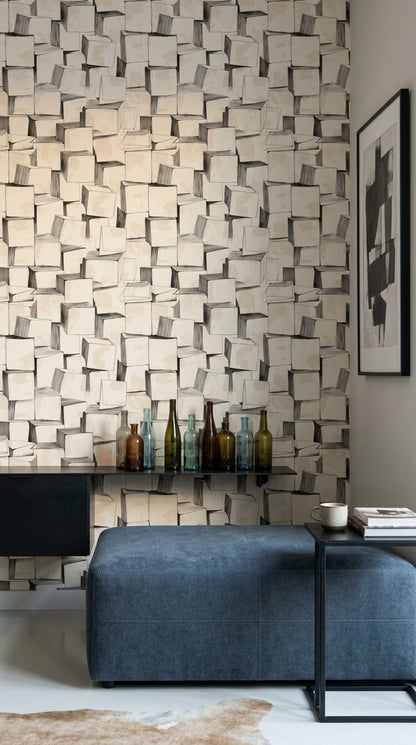 Geometrik Küp Desenli Duvar Kağıdı Bej Modern Salon