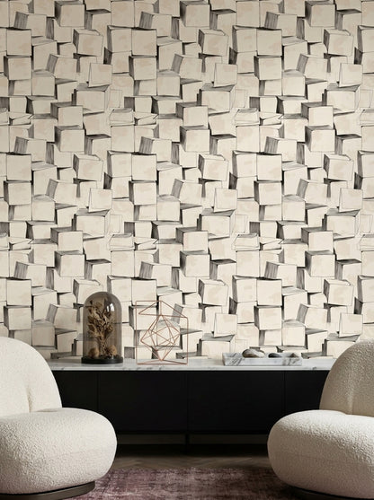 Geometrik Küp Desenli Duvar Kağıdı Bej Modern Salon